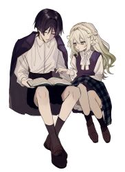 1boy 1girl alternate_costume alternate_hairstyle black_hair black_shorts blunt_ends book bow bright_pupils brown_shoes closed_mouth collared_shirt colored_tips contemporary cross-shaped_pupils dress eyelashes eyeliner eyeshadow facing_down fingernails formal_clothes frilled_hairband frilled_shirt_collar frills genshin_impact gradient_hair green_eyes green_hair grey_socks hair_between_eyes hair_bow hair_down hair_intakes hairband half-closed_eyes highres holding holding_book jacket jacket_on_shoulders knees_apart_feet_together legs_together long_sleeves looking_at_object makeup multicolored_hair nahida_(genshin_impact) no6_gnsn open_book open_mouth plaid_clothes plaid_scarf pointing pointing_at_object pointy_ears purple_dress reading red_eyeliner red_eyeshadow scaramouche_(genshin_impact) scarf shirt shoes shorts sidelocks sitting socks symbol-shaped_pupils twitter_username white_background white_bow white_hair white_hairband white_pupils white_shirt white_sleeves