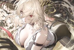 1girl absurdres arm_strap ass bare_shoulders black_choker black_horns black_pants black_tail blonde_hair breasts bright_pupils choker cleavage collarbone commentary curled_horns demon_tail eyes_visible_through_hair flame-tipped_tail hair_over_one_eye highres holding holding_sword holding_weapon horns large_breasts looking_at_viewer marse_(rokudaime) mole mole_under_eye necktie necktie_around_wrists pants red_eyes red_necktie shirt solo sword tail torn_clothes torn_shirt weapon white_pupils white_shirt wuthering_waves zani_(wuthering_waves)