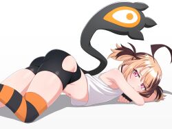 1girl absurdres ahoge alternate_costume arm_rest ass bare_shoulders bike_shorts black_gloves black_shorts black_tail black_thighhighs blonde_hair brown_hair closed_mouth cowboy_shot crossed_arms fingerless_gloves from_side gigi_murin gloves groin highres hip_vent hololive hololive_english huge_ahoge light_blush light_frown looking_at_viewer lying midriff mingkozus multicolored_hair navel on_stomach orange_thighhighs pink_eyes shadow shirt short_hair short_twintails shorts sidelocks simple_background single_thighhigh sleeveless sleeveless_shirt solo stomach striped_clothes striped_thighhighs tail tank_top thighhighs tight_clothes turning_head twintails two-tone_hair two-tone_thighhighs virtual_youtuber white_background white_shirt