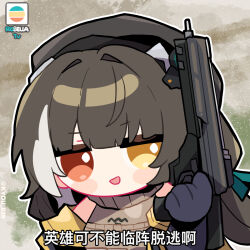 Rule 34 | 1girl, beret, black gloves, black hair, black hat, chibi, chibi only, chinese text, girls&#039; frontline, girls&#039; frontline 2: exilium, gloves, gun, hat, heterochromia, highres, holding, holding gun, holding weapon, jacket, kamen rider, kamen rider build (series), kyou 039, open clothes, open jacket, red eyes, ro635 (girls&#039; frontline), robella (girls&#039; frontline 2), solo, weapon, yellow eyes, yellow jacket