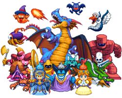 1girl 2boys armor axe bewarewolf black_hair blue_armor blue_helmet blue_skin breath_weapon breathing_fire chimaera_(dragon_quest) colored_skin dracky dragon_lord dragon_quest dragon_quest_i dress drohl_drone fire ghost_(dragon_quest) gloves golem_(dragon_quest) green_dragon_(dragon_quest) grin hair_horns helmet hero_(dq1) holding holding_axe holding_sword holding_weapon knight_errant lunatick metal_slime multiple_boys open_mouth own_hands_clasped own_hands_together pixel_art pixelflag prestidigitator_(dragon_quest) princess_laura purple_robe robe scorpion_(dragon_quest) sharp_teeth she-slime skeleton_(dragon_quest) slime_(dragon_quest) smile sword teeth tiara weapon white_gloves yellow_dress