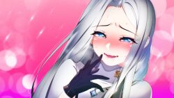 1girl black_gloves blue_eyes blush close-up eyes_visible_through_hair game_cg gloves hair_over_shoulder half-closed_eyes hand_on_own_face heart heart-shaped_pupils highres jewelry light_particles long_hair lovestruck military_uniform miracle_snack_shop necklace non-web_source nose_blush official_art open_mouth parted_bangs philia_salis pink_background raised_eyebrows solo sweat sweatdrop symbol-shaped_pupils talesshop turtleneck ukero white_hair