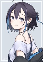 1girl absurdres artist_name black_hair black_jacket blue_hair closed_mouth commentary_request earrings grey_background grey_eyes highres indie_virtual_youtuber jacket jewelry looking_at_viewer m1saki_1 mole mole_under_eye multicolored_hair off-shoulder_shirt off_shoulder shirt short_hair short_sleeves signature simple_background smile solo streaked_hair two-sided_fabric two-sided_jacket upper_body virtual_youtuber white_shirt yubari_rei