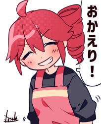 1girl ahoge apron black_shirt blush close-up closed_eyes double-parted_bangs drill_hair grin hair_between_eyes kasane_teto red_apron red_hair shirt short_sleeves side_drill signature simple_background smile solo translation_request utau white_background yuusuke-kun