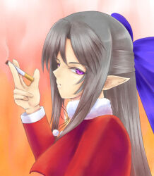 1girl blue_bow bow capelet cigarette collar grey_hair half_updo long_hair m.u.g.e.n melty_blood orange_background pointy_ears purple_eyes red_capelet red_len ryo_(sora-ryu) smoke smoking solo tsukihime white_collar