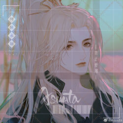 1boy 2020 artist_name asuuta barcode bishounen black_shirt blonde_hair blue_sky blurry blurry_background brown_eyes chinese_commentary closed_mouth collared_shirt commentary_request commission depth_of_field eyelashes hair_ornament hairpin high_collar high_ponytail highres lake lips long_hair long_sidelocks looking_ahead male_focus orange_lips original outdoors ponytail sample_watermark shirt sidelocks sky solo sunset thick_eyebrows too_many_watermarks upper_body very_long_hair watermark watermark_grid weibo_watermark