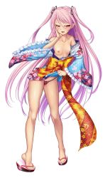 1girl alternate_costume bare_legs blush breasts collarbone demon_girl feet felicia_(taimanin_kurenai) female_focus full_body geta highres japanese_clothes kimono kiss lilith-soft long_hair looking_at_viewer naughty_face nipples official_alternate_costume official_art pants pink_hair pointy_ears pussy_juice red_eyes red_pants shiny_skin small_breasts smile solo sweat taimanin_(series) taimanin_kurenai taimanin_rpgx thong twintails two_side_up very_long_hair weapon zol