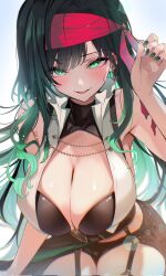 1girl aiguillette anchor_earrings bandana bare_shoulders black_hair black_shirt black_shorts blush breasts center_opening cersea_soulstorm cleavage cleavage_cutout clothing_cutout colored_inner_hair commentary commission corrupted_twitter_file cropped_shirt earrings english_commentary fingernails garter_straps gradient_hair green_eyes green_hair green_nails hand_up highres idol_corp jewelry large_breasts long_hair looking_at_viewer midriff_peek mole mole_under_eye mole_under_mouth multicolored_hair nail_polish omoti_(1201208) open_mouth pirate red_bandana second-party_source shirt shorts skeb_commission sleeveless sleeveless_shirt smile solo two-tone_hair vest virtual_youtuber white_vest