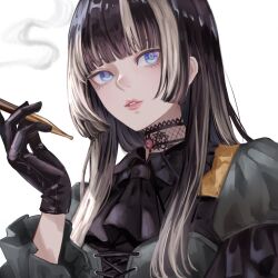 1girl ascot black_ascot black_choker black_dress black_gloves black_hair blue_eyes blunt_bangs blunt_ends choker dhbwinner dress gem gloves green_dress highres holding holding_smoking_pipe hololive hololive_dev_is juufuutei_raden juufuutei_raden_(1st_costume) lace lace_choker multicolored_hair parted_lips pink_lips portrait red_gemstone simple_background smoking_pipe solo streaked_hair two-tone_dress two-tone_hair virtual_youtuber white_background white_hair white_streaks