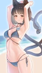 1girl absurdres animal_ears armpits arms_up beach bikini black_bikini black_choker black_eyes black_hair black_tail blue_archive blue_bikini blue_halo blurry blurry_background blush breasts cat_ears cat_girl cat_tail choker closed_mouth commentary cowboy_shot criss-cross_halter criss-cross_straps day halo halterneck highres kikyou_(blue_archive) kikyou_(swimsuit)_(blue_archive) layered_bikini looking_at_viewer mack_(13mcqn) medium_breasts multiple_tails navel ocean official_alternate_costume outdoors short_hair side-tie_bikini_bottom skindentation solo swimsuit tail two_tails