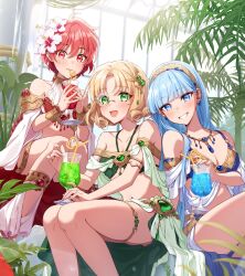 3girls alternate_costume arabian_clothes bare_shoulders blonde_hair blue_eyes blue_hair breasts brown_hair cleavage crazy_straw cup drink drinking drinking_glass drinking_straw drinking_straw_in_mouth earrings feet_out_of_frame flower glass glasses green_eyes grin hair_flower hair_ornament hairband harem_outfit heart_straw highres holding holding_cup hououji_fuu hurricane_glass indoors jewelry long_hair looking_at_viewer magic_knight_rayearth masami_(souzou_jinsei_sanka) medium_breasts multiple_girls open_mouth pants plant red_eyes red_flower red_hair round_eyewear ryuuzaki_umi shidou_hikaru short_hair sitting smile window