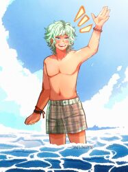 ! !! 1boy arm_up beach blush bracelet cloud cloudy_sky cove_holden green_eyes green_hair grin jewelry male_focus messy_hair no_shirt ocean open_mouth our_life:_beginnings_and_always pectorals plaid_clothes plaid_shorts shorts sidelocks sky smile solo sunlight sunnyflowerday1 tan upper_body wading water waving wristband