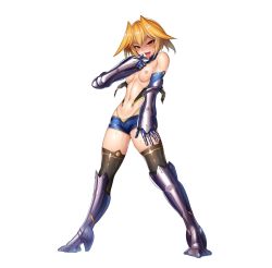 1girl armored_boots blonde_hair boots breasts female_focus full_body gauntlets lebe_safree_(taimanin_asagi) lilith-soft looking_at_viewer navel nipples open_mouth short_hair shorts simple_background small_breasts solo standing sweat taimanin_(series) taimanin_asagi taimanin_rpgx tongue tongue_out zol