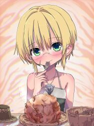 1girl absurdres bare_shoulders blonde_hair blush bowl collarbone facial_scar food green_eyes highres holding holding_spoon looking_at_viewer made_in_abyss plate riko_(made_in_abyss) scar scar_on_cheek scar_on_face sekaineko_001 short_hair solo spoon table upper_body utensil_in_mouth whistle whistle_around_neck