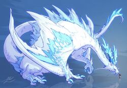 1girl animal_focus blue_background blue_eyes blue_horns claws commission dragon from_side full_body furred_dragon glowing_horns horns monster original reflection signature sitting size_difference skeb_commission tail whiskers white_fur wings yamamura_le