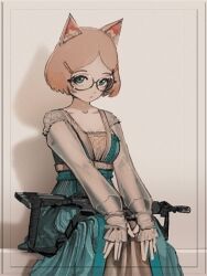 Rule 34 | 1girl, absurdres, animal ears, aqua eyes, blue dress, border, breasts, cat ears, cat girl, dress, glasses, gun, hair ornament, hairclip, hands on own knees, highres, looking at viewer, medium breasts, notfuji, object on lap, original, outside border, parallel hairclips, round eyewear, see-through clothes, see-through sleeves, short hair, sitting, solo, thumb hole sleeves, weapon, weapon on lap, weapon request, white background