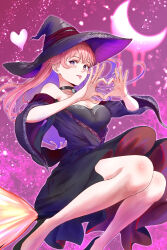 1girl 510_goto absurdres alternate_costume bell black_choker black_dress blush breasts broom broom_riding choker commentary_request cosplay crossover dress elden_ring elden_ring_nightreign floating_hair hair_between_eyes hat heart heart_hands highres large_hat long_hair looking_at_another medium_breasts neck_bell pink_eyes purple_dress recluse_(elden_ring) recluse_(elden_ring)_(cosplay) solo tongue tongue_out two-tone_dress wakatsuki_niko witch witch_hat witch_watch