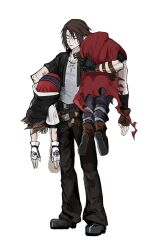 3boys absurdres belt black_boots black_gloves black_jacket black_pants blue_pants boots brown_boots brown_gloves brown_hair carrying_over_shoulder chain chain_necklace child cho5782 cloak closed_eyes cloud_strife cropped_jacket final_fantasy final_fantasy_vii final_fantasy_viii fingerless_gloves full_body gloves hair_between_eyes highres hood hooded_jacket jacket jewelry kingdom_hearts loose_belt male_focus medium_hair multiple_belts multiple_boys necklace overalls pants red_cloak red_overalls scar scar_on_face scar_on_forehead shirt short_hair sora_(kingdom_hearts) spiked_hair squall_leonhart sweatdrop torn_cloak torn_clothes white_background white_gloves white_shirt