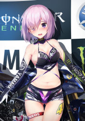 1girl alternate_costume areola_slip black_gloves black_shorts blush breasts cleavage clothes_writing collarbone cowboy_shot crotch_cutout elbow_gloves embarrassed energy fate/grand_order fate_(series) female_focus ferrari gedou_(shigure_seishin) gloves gluteal_fold hair_over_one_eye hip_vent looking_at_viewer mash_kyrielight medium_breasts monster motor_vehicle motorcycle navel nose_blush pink_hair purple_eyes race_queen raised_eyebrows shiny_skin short_hair short_shorts shorts sideboob skindentation solo standing stomach thigh_gap thighs yamaha