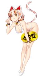 Rule 34 | 1girl, animal ears, bell, bent over, bikini, blush, breasts, brown hair, calico (pattern), cat ears, cat girl, cat tail, cleavage, clenched hand, closed mouth, coin, commentary request, fang, full body, goutokuji mike, hataraki kuma, highres, holding, holding coin, legs, looking at viewer, maneki-neko, medium breasts, multicolored hair, neck bell, orange eyes, orange hair, shoes, simple background, solo, swimsuit, tail, touhou, variant set, white background, white bikini, white hair, white shoes