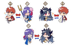 1boy 2girls black_hair blush brown_eyes chibi emiya_shirou closed_eyes fate/grand_order fate_(series) flower flying_sweatdrops gameplay_mechanics gloom_(expression) highres ishtar_(fate) ishtar_(fate) limited/zero_over matou_sakura mebaru multiple_girls parvati_(fate) purple_hair red_eyes red_hair scared senji_muramasa_(fate) simple_background smile sparkle sweatdrop upper_body white_background