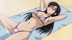 15_bishoujo_hyouryuuki animated animated_gif armpits arms_up beach bikini black_hair blanket breasts brown_eyes closed_eyes crab glasses long_hair micro_bikini nago_nogiku navel nipples swimsuit unhooking_bikini wardrobe_malfunction
