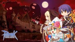 1boy 2girls :3 black_coif black_dress black_gloves black_pants black_shirt blonde_hair bow brown_hair cardinal_(ragnarok_online) castle cat_girl cat_tail clenched_hands closed_mouth cloud coat coat_on_shoulders copyright_notice cowboy_shot dress fang flower frilled_hat frills frown full_moon fur_coat furry furry_female ghost gloves green_eyes grey_coat hat highres inquisitor_(ragnarok_online) logo long_hair long_sleeves moon multiple_girls official_art official_wallpaper open_mouth orange_bow orange_eyes pants pink_flower pink_rose purple_eyes purple_hair ragnarok_online red_coat red_sky rose shirt short_hair skull sky smile spirit_handler_(ragnarok_online) tail tail_bow tail_ornament tassel v-shaped_eyebrows white_hat wide_sleeves witch_hat yellow_flower yellow_rose yuichirou