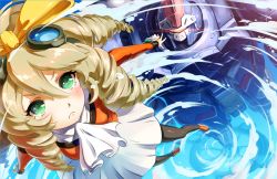 1girl bow brown_hair daizo drill_hair futsuka_(dzone) goggles green_eyes maria_balthasar mecha pantyhose robot seibzehn skirt tears xeno_(series) xenogears yellow_bow