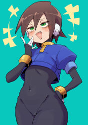 1girl absurdres aile_(mega_man_zx) black_bodysuit blue_jacket blush bodysuit bodysuit_under_clothes brown_hair buzzlyears cameltoe covered_navel cowboy_shot cropped_jacket fang gloves green_eyes hand_on_own_hip highres jacket laughing mega_man_(series) mega_man_zx open_mouth robot_ears short_hair short_sleeves simple_background skin_tight smile solo