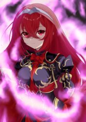 1girl aura braid breasts crossed_bangs crown_braid dark_aura dark_persona ell_0314 expressionless female_alear_(fell_dragon)_(fire_emblem) female_alear_(fire_emblem) female_alear_(red_days_past)_(fire_emblem) fire_emblem fire_emblem_engage fire_emblem_heroes gloves hair_between_eyes highres long_hair looking_at_viewer medium_breasts nintendo official_alternate_color official_alternate_costume official_alternate_eye_color official_alternate_hair_color red_aura red_eyes red_hair solo tiara upper_body very_long_hair