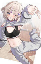 1girl absurdres black_sports_bra blonde_hair breasts closed_mouth elroud0050 hair_ornament hairpin highres hololive hololive_dev_is looking_at_viewer multicolored_hair one_eye_closed pants purple_eyes purple_hair short_hair shrug_(clothing) small_breasts smile solo sports_bra streaked_hair todoroki_hajime two_side_up v virtual_youtuber white_pants white_shrug