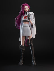 1girl 3d absurdres alternate_costume asymmetrical_legwear black_boots blender_(medium) boots crop_top earrings full_body hair_down highres jacket jacket_over_shoulder jessie_(pokemon) jewelry joao_comassetto long_hair looking_at_viewer nintendo pokemon pokemon_(anime) purple_hair skirt smile solo standing team_rocket team_rocket_uniform uneven_legwear unworn_jacket very_long_hair white_jacket white_skirt zbrush_(medium) zipper