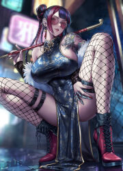 belt black_belt black_dress black_hair blurry blurry_background boots breasts china_dress chinese_clothes dragon_tattoo dress ear_piercing eyebrow_piercing fishnet_thighhighs fishnets hair_bun hand_on_own_thigh holding holding_smoking_pipe large_breasts lips multicolored_hair original parted_lips pelvic_curtain piercing red_boots red_hair round_eyewear sadakage shoulder_tattoo sleeveless sleeveless_dress smoking_pipe streaked_hair sunglasses tattoo taut_clothes taut_dress thigh_belt thigh_strap thighhighs