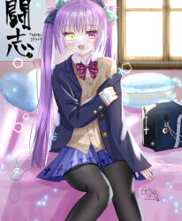 Rule 34 | 1girl, arisuuuuu.1436, blazer, heterochromia, highres, jacket, morning, on bed, original, pantyhose, ribbon, school uniform, twintails