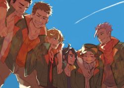 6+boys ahoge biscuit_griffon black_hair blonde_hair blue_eyes brown_hair character_request dark_skin dark-skinned_male eugene_sevenstark gundam gundam_tekketsu_no_orphans himhim10kio jacket long_sleeves male_focus mikazuki_augus multiple_boys necktie open_mouth orga_itsuka short_hair smile uniform white_hair