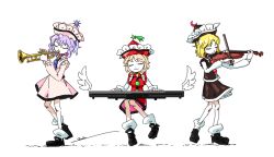 Rule 34 | 3girls, black hat, black shirt, black shoes, black skirt, blonde hair, blue hair, bow (music), bubble, buttons, closed eyes, closed mouth, collared shirt, crescent, crescent hat ornament, crescent moon, curly hair, detached wings, feathered wings, floating, frilled hat, frilled shirt, frilled shirt collar, frills, hair between eyes, hat, hat ornament, highres, holding, holding instrument, holding trumpet, holding violin, instrument, keyboard (instrument), layered clothes, layered shirt, lunasa prismriver, lyrica prismriver, merlin prismriver, moon, multiple girls, music, parted bangs, perfect cherry blossom, pink hat, pink shirt, pink skirt, playing instrument, red hat, red shirt, red skirt, shirt, shoes, siblings, signature, simple background, sisters, sitting, skirt, smile, socks, star (symbol), star hat ornament, sun, sun hat ornament, sun symbol, touhou, trumpet, violin, wavy hair, white background, white sleeves, white socks, white wings, wings, yoiy san