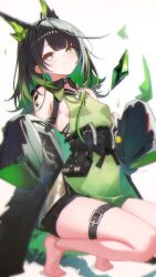 1girl :3 absurdres ahoge bare_legs bare_shoulders barefoot belt black_belt black_coat black_dress black_hair black_shorts breasts coat collarbone colored_inner_hair commentary covered_navel crystal dress floating green_coat green_eyes green_hair highres kampswe_galong light_blush long_hair looking_at_viewer micro_shorts mon3tr_(arknights) multicolored_coat multicolored_hair off_shoulder open_clothes open_coat original shorts shorts_under_dress sideboob sleeveless sleeveless_dress sleeves_past_wrists small_breasts solo squatting streaked_hair thigh_belt thigh_strap two-sided_coat two-sided_fabric two-tone_coat two-tone_hair white_background