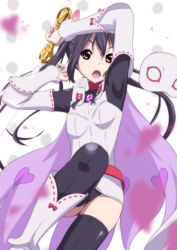 &gt;:o 1girl :o armpits arms_up belt belt_skirt black_hair black_thighhighs blurry blush boots bow breasts cape choker cosplay depth_of_field detached_sleeves dress energy_sword female_focus fighting_stance flower hair_ornament heart heart_print k-on! knee_boots leg_lift leotard look-alike looking_at_viewer magatama mask microdress nakano_azusa oku_no_shi open_mouth polka_dot polka_dot_background red_eyes red_flower red_rose ribbon ribbon-trimmed_sleeves ribbon_trim rose sekai_seifuku:_bouryaku_no_zvezda small_breasts solo sword thighhighs twintails unworn_mask v-shaped_eyebrows weapon white_background white_robin white_robin_(cosplay)