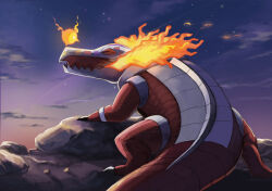 closed_eyes cloud commentary_request highres hisui-cha nintendo no_humans open_mouth outdoors pokemon pokemon_(creature) pokemon_focus rock skeledirge sky twilight