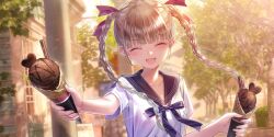 Rule 34 | 1girl, blue collar, blue reflection (series), blue reflection sun, blue ribbon, blunt bangs, bow, braided twintails, breasts, brown hair, building, buttons, candy, chocolate, chocolate heart, closed eyes, collar, collarbone, evening, facing viewer, food, game cg, gradient hair, green hair, hair bow, happy, heart, heart-shaped food, hedge, highres, holding, holding ice cream cone, ice cream cone, incoming food, kishida mel, long hair, low-tied long hair, multicolored hair, non-web source, official art, open mouth, outdoors, pillar, red bow, ribbon, school uniform, serafuku, shijou yuzuki, shirt, short sleeves, small breasts, smile, solo, tree, upper body, white shirt