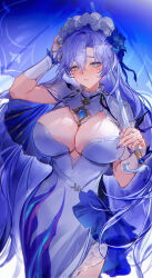 absurdres blue_eyes blue_flower breasts cantarella_(wuthering_waves) closed_mouth commentary cowboy_shot dress facial_mark flower hair_between_eyes hair_flower hair_ornament hand_up headdress highres holding holding_umbrella large_breasts long_hair looking_at_viewer mark_under_eye nail_polish parasol purple_hair purple_nails purple_umbrella shibuya_(kurokamishain) shrug_(clothing) umbrella very_long_hair white_dress white_shrug wuthering_waves