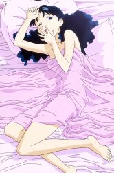 bed bed_sheet bedroom blue_eyes bromide covering_own_mouth hand_over_own_mouth highres lunar lunar:_the_silver_star lying mia_ausa nude official_art on_side one_eye_closed pillow yawning
