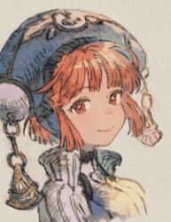 Rule 34 | 1girl, aqua hat, brush stroke, closed mouth, coat, collared shirt, dewprism, from side, hat, hat ornament, highres, looking at viewer, maeka (kumaekake), maya (dewprism), profile, red eyes, red hair, shirt, short hair, simple background, smile, solo, white background