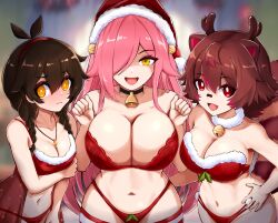 3girls :d animal_ears antenna_hair antlers babydoll bandaid bandaid_on_face bandaid_on_nose bare_arms bare_shoulders bell bikini black_choker black_hair blurry blurry_background bra braid breasts bright_pupils brown_hair brown_tail choker christmas cleavage collar colored_tips cowboy_shot deer_antlers fur-trimmed_bikini fur-trimmed_headwear fur_collar fur_trim hair_bell hair_between_eyes hair_flaps hair_ornament hair_over_one_eye hand_on_another&#039;s_waist hand_on_own_elbow hand_on_own_hip hat highleg highleg_panties highres horns indie_virtual_youtuber jewelry jingle_bell large_breasts lin_kaimane long_hair looking_at_viewer low_twin_braids medium_breasts multicolored_hair multiple_girls navel neck_bell necklace nene_efthy open_mouth orange_eyes panties pink_hair raccoon_ears raccoon_girl raccoon_tail rakkun_sutaru red_babydoll red_bikini red_bra red_eyes red_hair red_hat red_panties red_thighhighs santa_bikini santa_costume santa_hat short_hair slash-ex smile spaghetti_strap star_(symbol) star_necklace stomach strapless strapless_bikini striped_tail swimsuit tail thighhighs twin_braids two-tone_hair underwear virtual_youtuber w_arms wavy_mouth white_collar white_pupils yellow_eyes