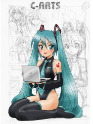 apple_inc. boots computer food fruit hatsune_miku computer_keyboard laptop leotard long_hair macbook macintosh maguta maguta_(c-arts) necktie sketch thighhighs twintails very_long_hair vocaloid