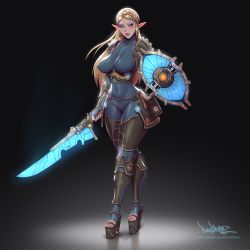 1girl alternate_breast_size alternate_universe ancient_set_(zelda) armor blonde_hair blue_eyes blush bodysuit braid breasts cameltoe covered_erect_nipples crown_braid energy energy_barrier energy_blade energy_shield energy_sword energy_weapon eyeliner feet high_heels impossible_clothes large_breasts lips lipstick long_hair makeup nintendo pinkdrawz platform_footwear platform_heels platform_sandals pointy_ears princess_zelda red_lips sandals sheikah_slate shield simple_background skin_tight solo sword the_legend_of_zelda the_legend_of_zelda:_breath_of_the_wild thick_thighs thighs toeless_footwear weapon wide_hips