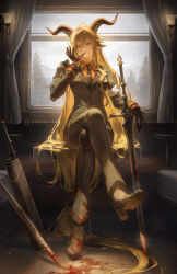 1girl arknights black_boots black_gloves black_jacket black_necktie blonde_hair blood blood_on_clothes blood_on_face boots crossed_bangs crossed_legs degenbrecher_(arknights) glove_in_mouth gloves hair_between_eyes helen_zzhao high_heel_boots high_heels highres holding holding_sword holding_weapon horns indoors jacket long_hair mouth_hold necktie orange_eyes orange_shirt shirt sidelocks sitting solo sword weapon