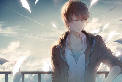 1boy against_railing black_eyes black_hair black_jacket black_sleeves blue_sky closed_mouth cloud collarbone collared_shirt english_text grey_tank_top hood hood_down hooded_jacket indie_utaite jacket long_sleeves looking_to_the_side male_focus outdoors paper railing rella shirt shoose sky three-quarter_sleeves smile solo sunrise tank_top upper_body utaite white_shirt