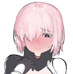 Rule 34 | 1girl, blush, concentric circles, cropped shoulders, facing viewer, fate/grand order, fate (series), full-face blush, hand up, high collar, highres, mash kyrielight, mash kyrielight (ortenaus), nyokinyoki 18, pink hair, purple eyes, short hair, simple background, sketch, smile, solo, suppe, tearing up, white background