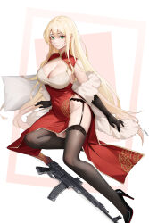 absurdres assault_rifle bare_shoulders black_gloves black_thighhighs blonde_hair breasts china_dress chinese_clothes cleavage dress elbow_gloves fur_shawl garter_straps girls&#039;_frontline gloves green_eyes groin gun high_heels highres large_breasts long_hair pelvic_curtain rifle shawl shiny_skin stg44 stg44_(girls&#039;_frontline) thighhighs thighs very_long_hair weapon xnnagu